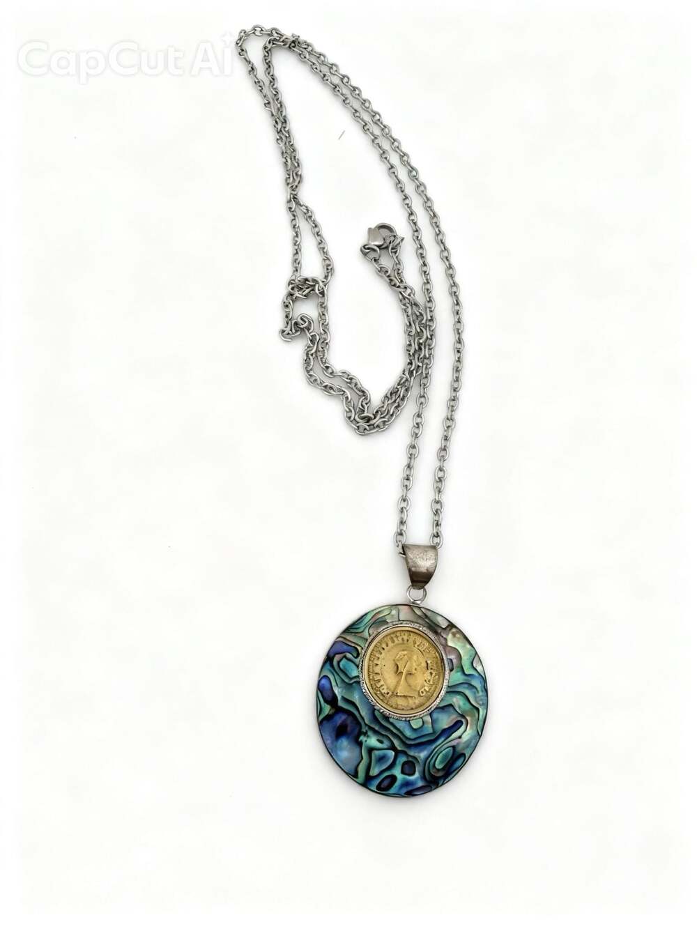 Vintage Sterling Silver Abalone Shell and Coin Medallion Pendant Necklace